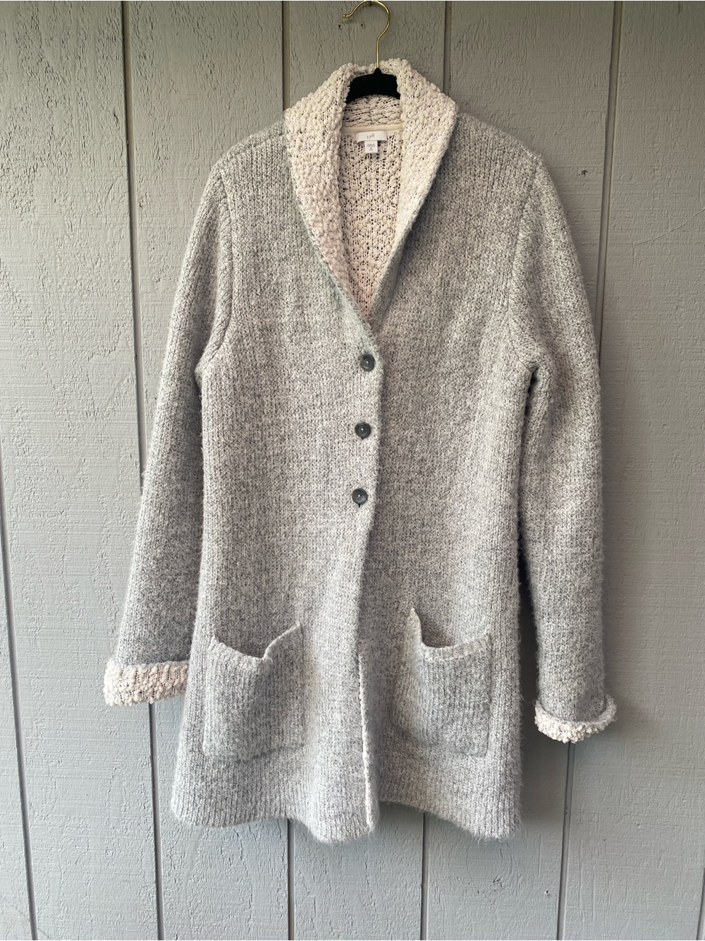 J. Jill Light Gray Knit Teddy-Lined Shawl Collar Jacket